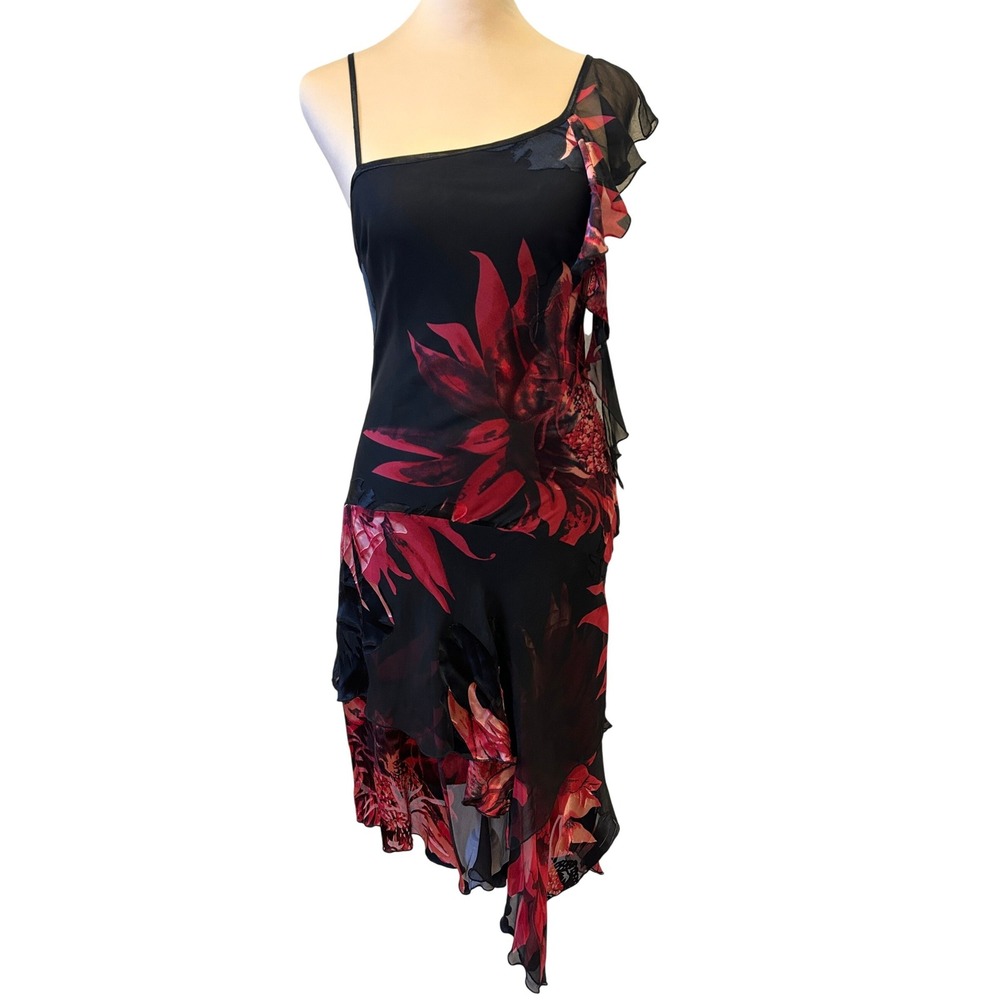 Y2K Style Slip Dress S Black Red Floral Silk Burnout Whimsigoth Fairy Asymmetric
